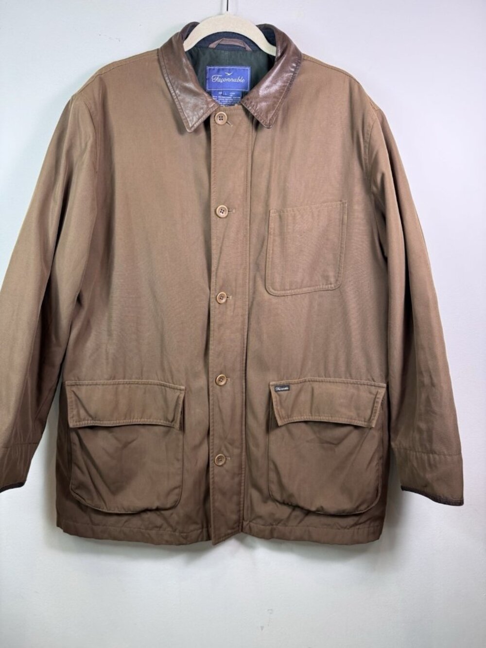 VTG Faconnable Mens Chore Barn Jacket Leather Collar Hong Kong Made Large